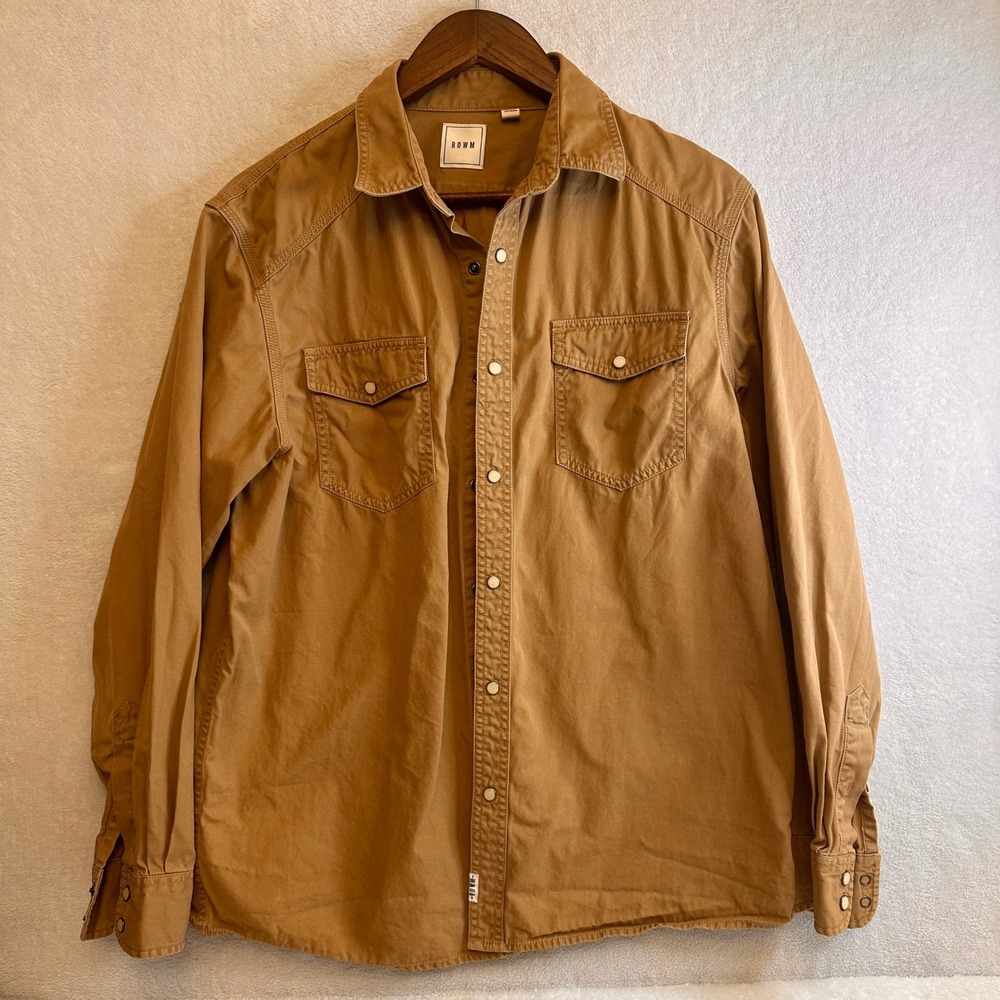 ROWM Mens Camel Brown Cotton Twill Western Snap Front Long Sleeve Shirt